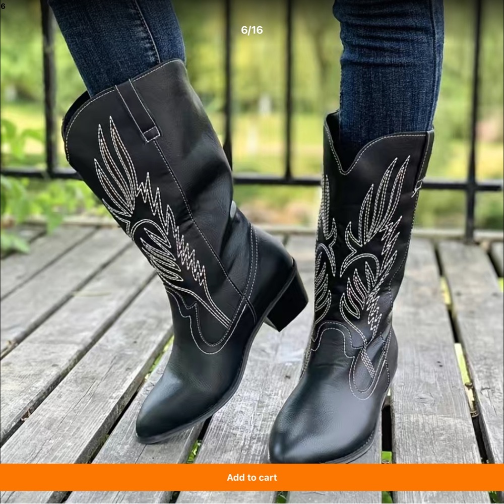 Beautiful Black Cowgirl Boots with White embroidered Design. Mid Calf